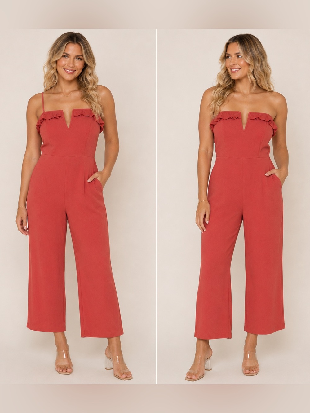 Flynn Skye Coral Pink Ruffle Jumpsuit Cropped Strapless Party Boho Beachy NWT XS